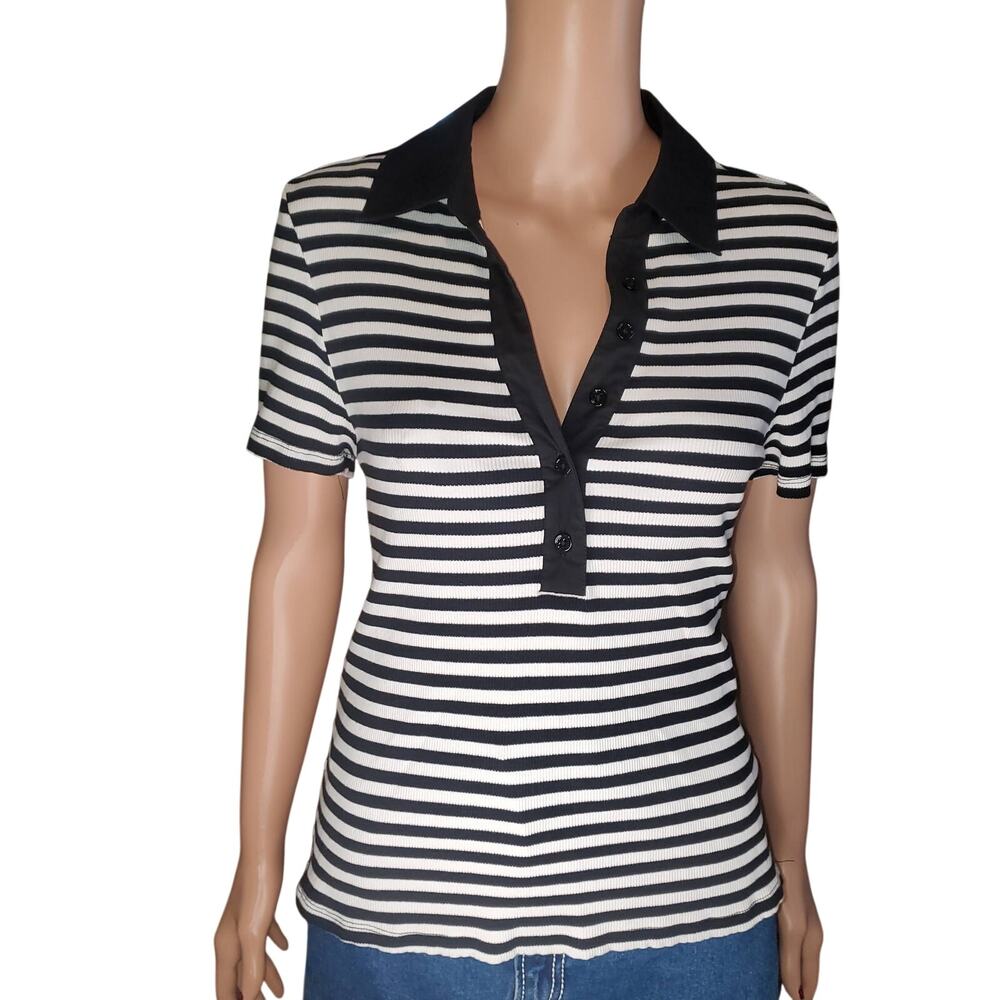 Bailey 44 Ribbed Striped Collared Knit Top Size L Black White Minimalist Preppy